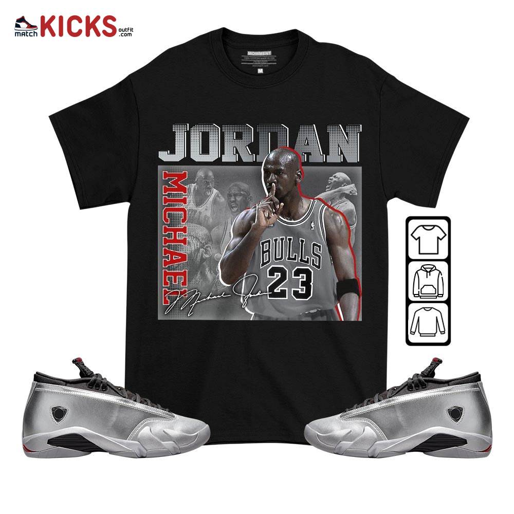 23JD Signature Sneaker Shirt Match 14 Low Metallic Silver, Jordan 14 Metallic Silver MKO T-Shirt