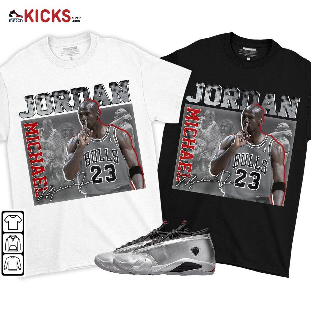 23JD Signature Sneaker Shirt Match 14 Low Metallic Silver, Jordan 14 Metallic Silver MKO T-Shirt