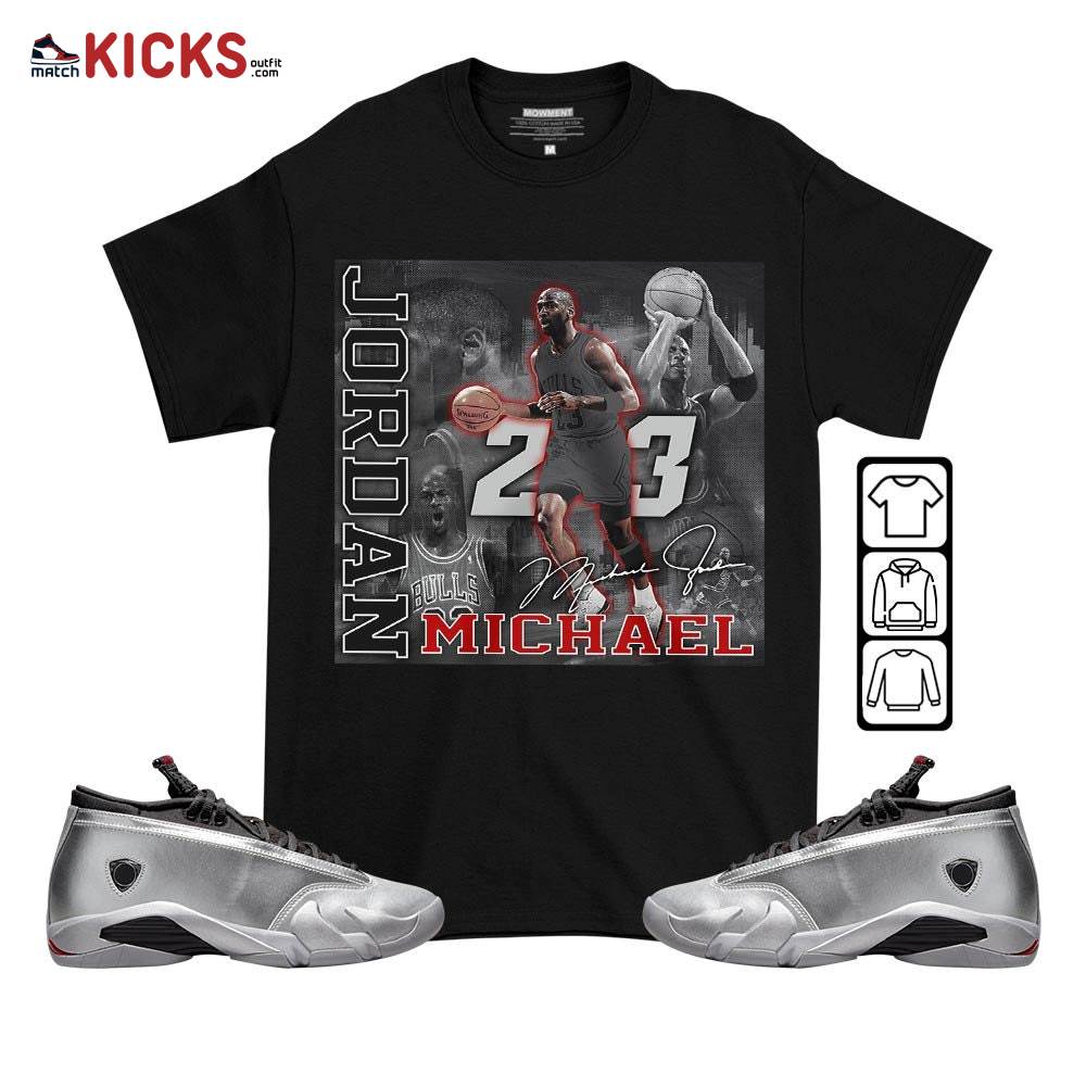 23JD Signature2 Sneaker Shirt Match 14 Low Metallic Silver, Jordan 14 Metallic Silver MKO T-Shirt