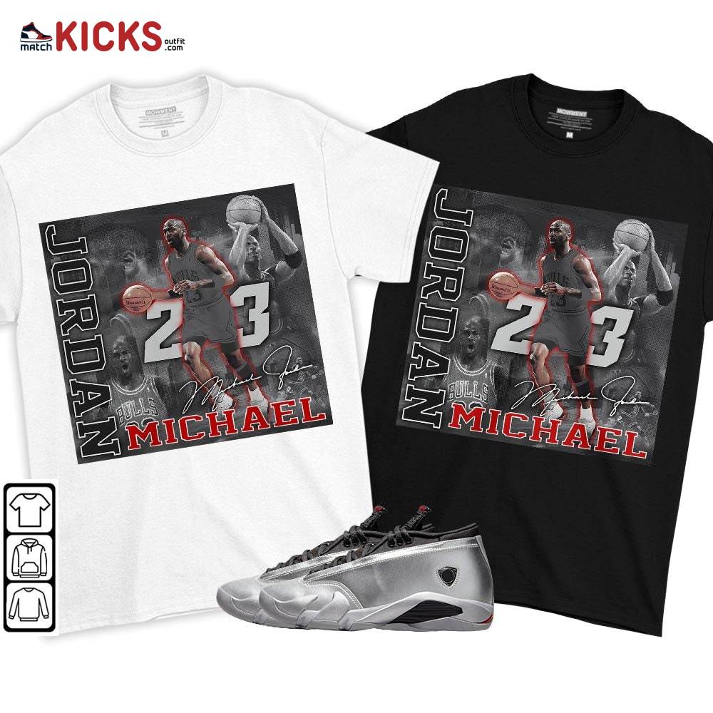 23JD Signature2 Sneaker Shirt Match 14 Low Metallic Silver, Jordan 14 Metallic Silver MKO T-Shirt