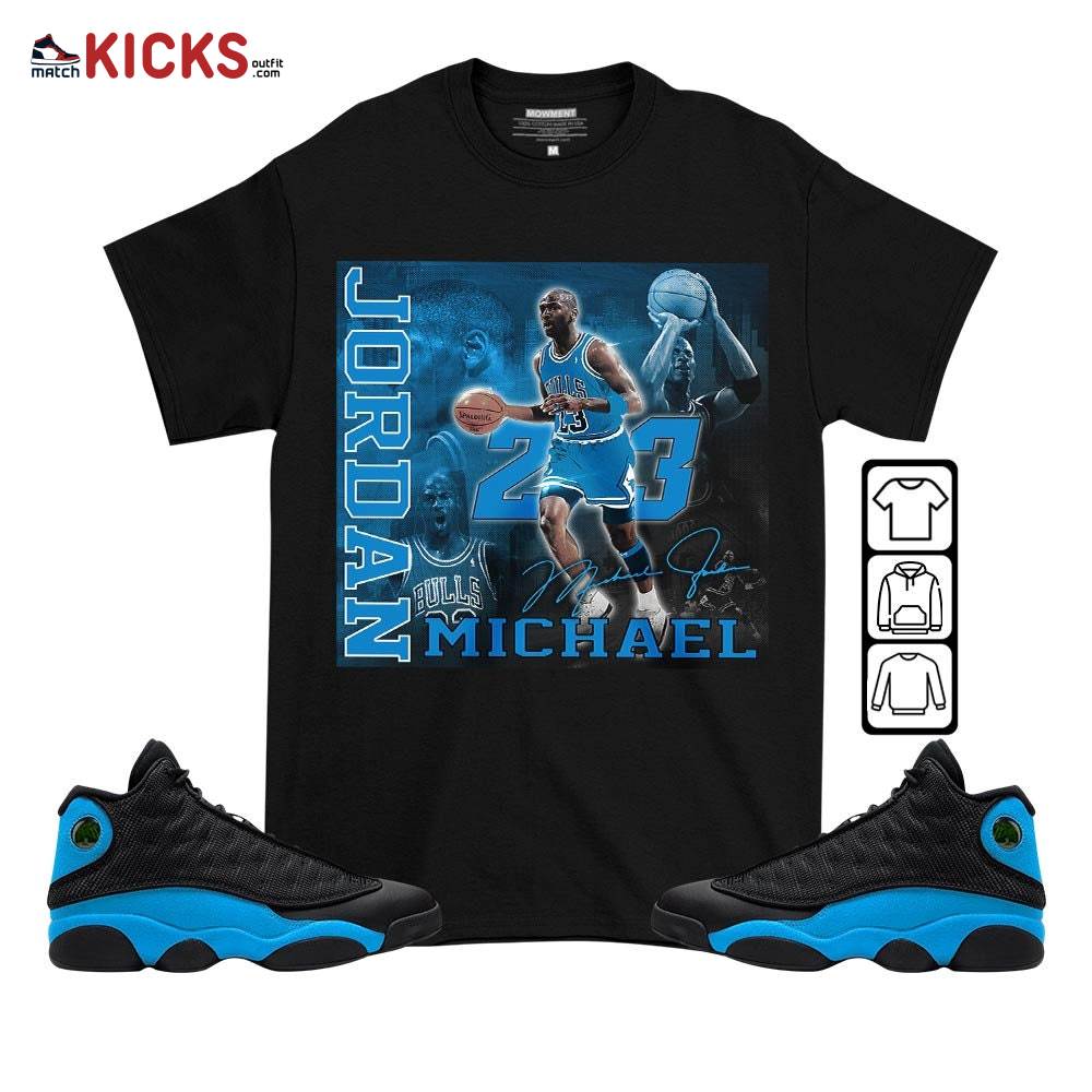 23JD Signature2 Sneaker Shirt Match Black University Blue 13s, Jordan 13 Black University Blue 2022 MKO T-Shirt