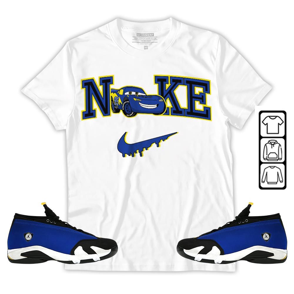 95 Mcqueen Car Fast Sneaker Shirt Match 2023 Blue Laney 14s, Jordan 14 Laney MKO T-Shirt