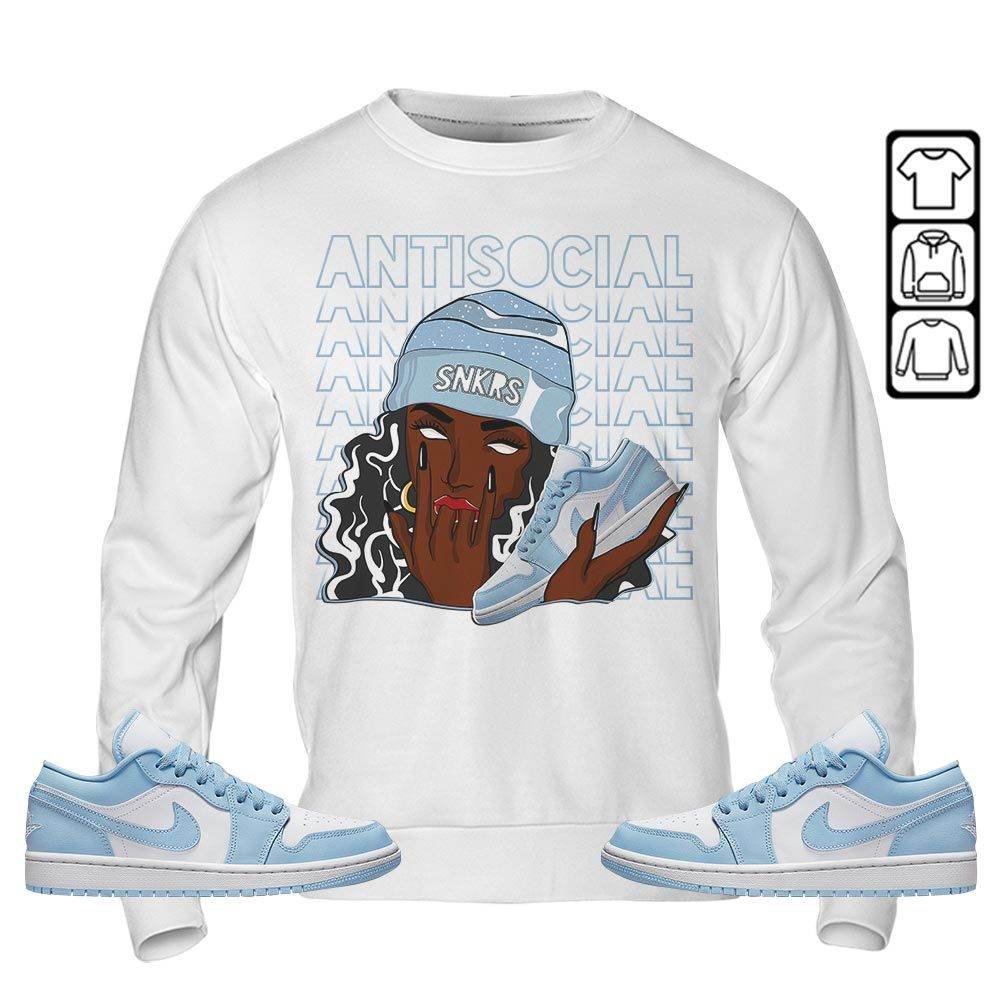 Antisocial Girl Sneaker Shirt Match 1 Low Gets Icy, Jordan 1 Low Ice Blue MKO T-Shirt Antisocial Girl Sneaker Shirt Match 1 Low Gets Icy, Jordan 1 Low Ice Blue MKO T-Shirt