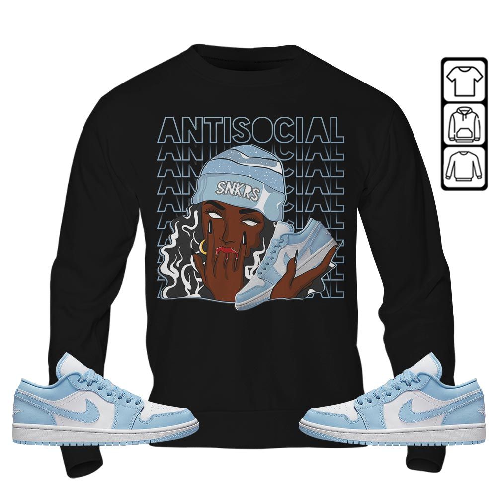 Antisocial Girl Sneaker Shirt Match 1 Low Gets Icy, Jordan 1 Low Ice Blue MKO T-Shirt Antisocial Girl Sneaker Shirt Match 1 Low Gets Icy, Jordan 1 Low Ice Blue MKO T-Shirt