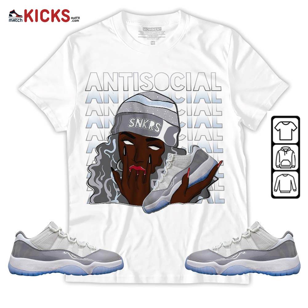Antisocial Girl Sneaker Shirt Match Cement Grey 11s, Jordan 11 Low Cement Grey MKO Hoodie