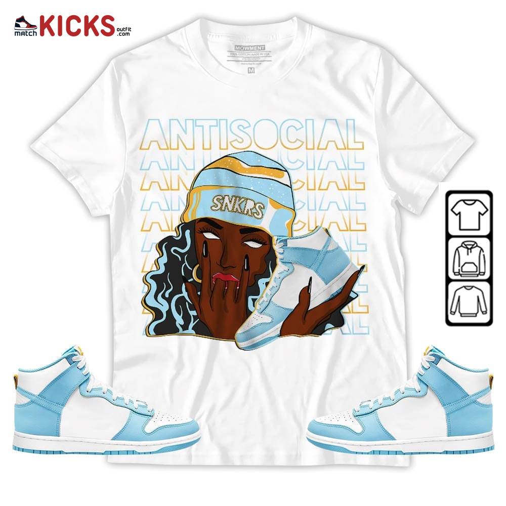 Antisocial Girl Sneaker Shirt Match Dunk High Blue Chill, Dunk High Homer Simpson MKO Sweatshirt