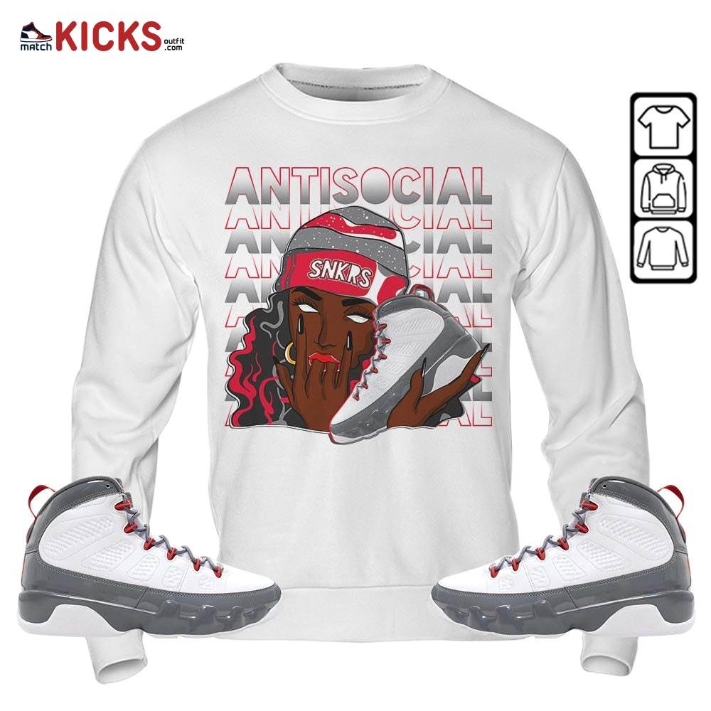 Antisocial Girl Sneaker Shirt Match Fire Red 9s, Jordan 9 Retro Fire Red MKO Sweatshirt