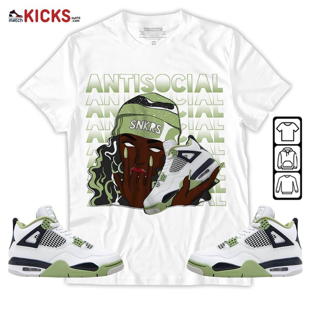 Antisocial Girl Sneaker Shirt Match Retro Oil Green 4s, Jordan 4 Oil Green MKO Sweatshirt