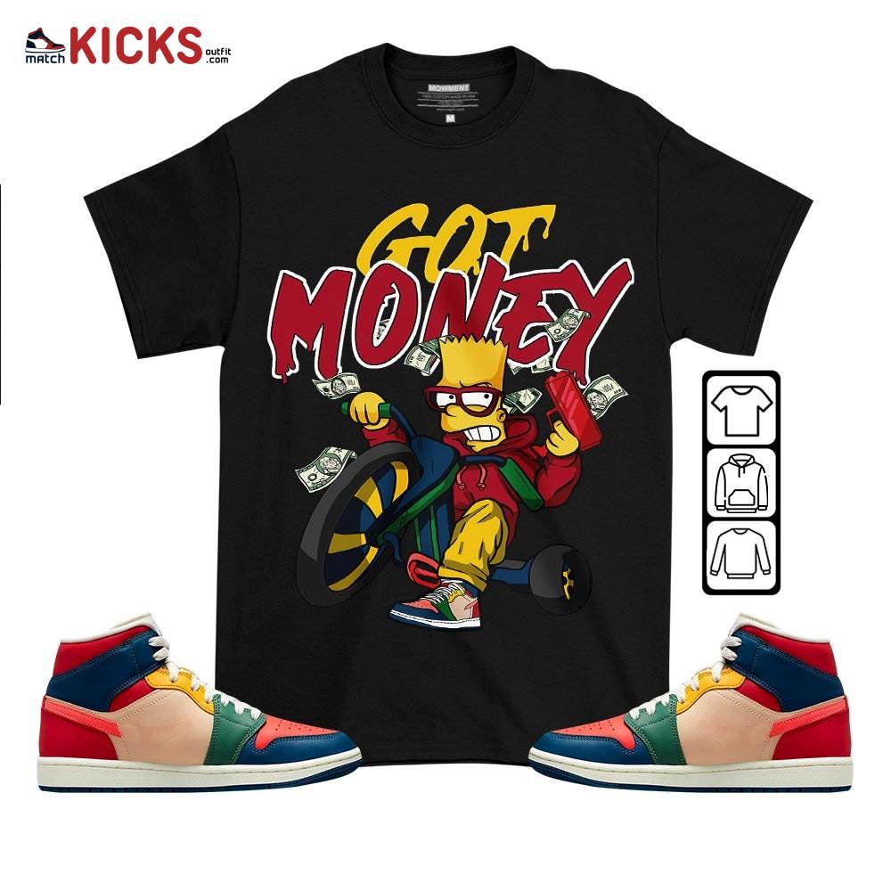 Bart Got Money Sneaker Shirt Match Multi Color 2022 1s, Jordan 1 Mid Multi Color 2022 MKO T-Shirt