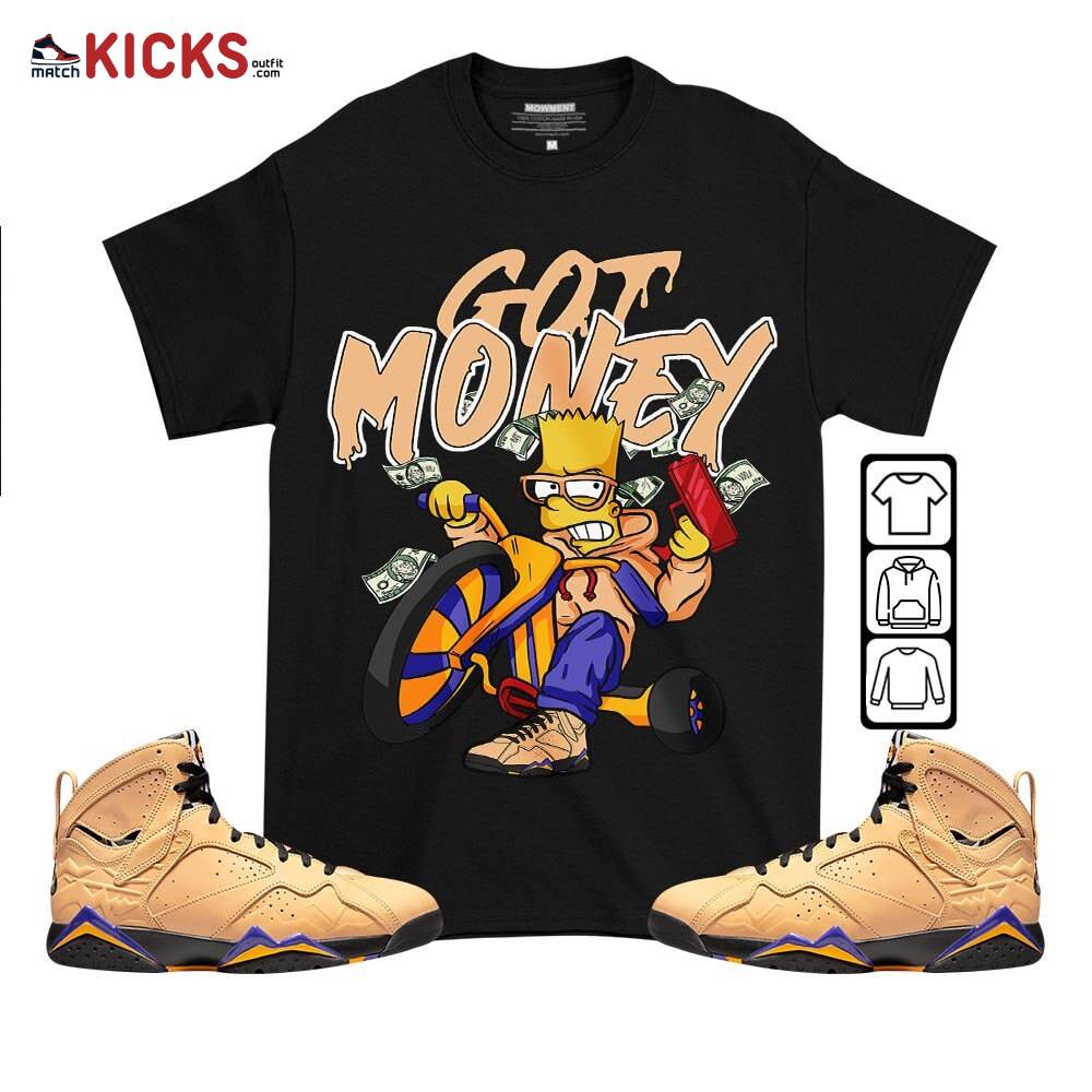 Bart Got Money Sneaker Shirt Match Vachetta Tan 7s, Jordan 7 SE Afrobeats MKO T-Shirt