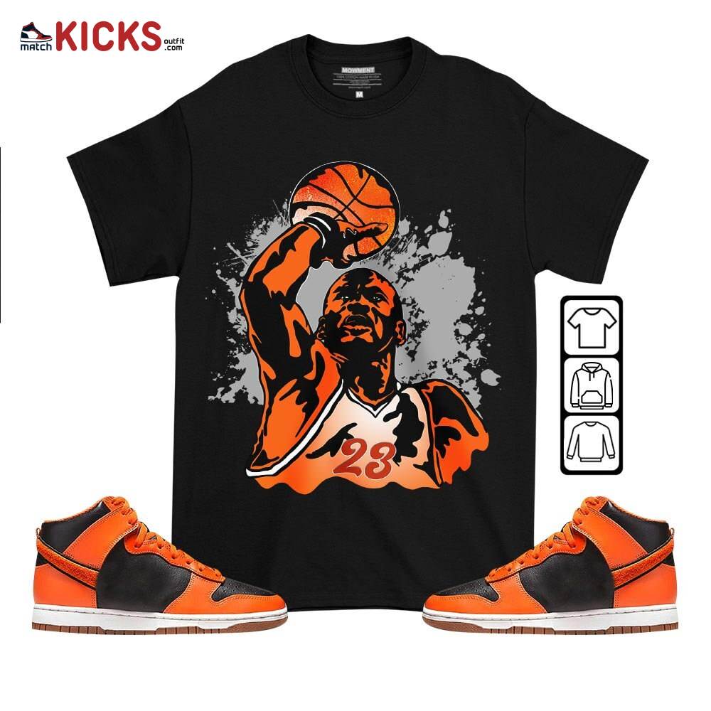 Basketball Superstar Sneaker Shirt Match Dunk Black Orange, Dunk High GS Safety Orange MKO T-Shirt