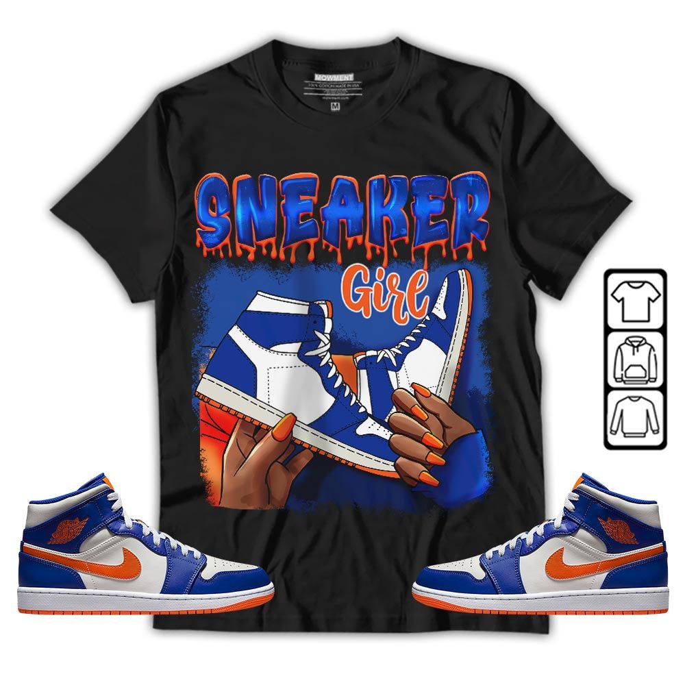 Black Fashion Sneaker Shirt Match Mid Knicks 1s, Jordan 1 Mid Knicks MKO T-Shirt