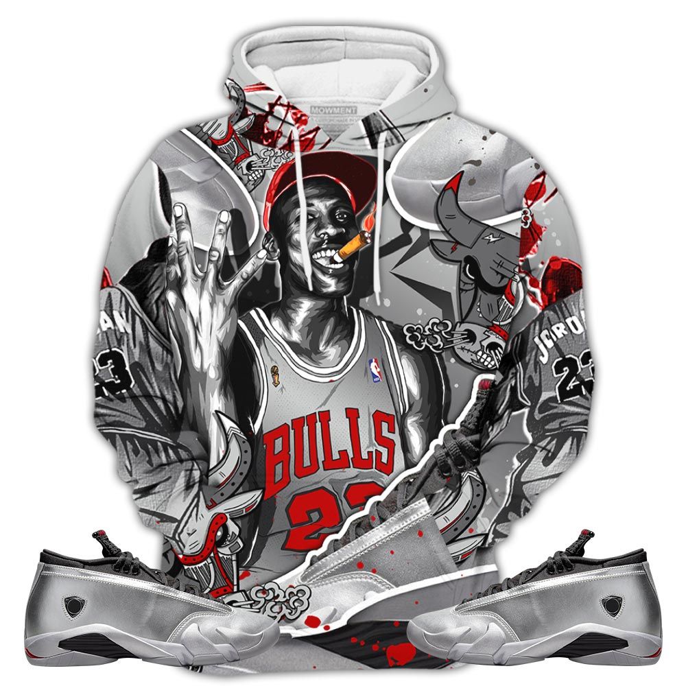 Bull 23 Jordan Sneaker Shirt Match 14 Low Metallic Silver, Jordan 14 Metallic Silver Hoodie Sweatshirt Tee All Over Print MKO Shirt