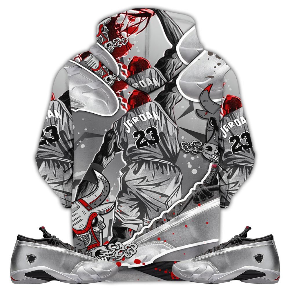 Bull 23 Jordan Sneaker Shirt Match 14 Low Metallic Silver, Jordan 14 Metallic Silver Hoodie Sweatshirt Tee All Over Print MKO Shirt