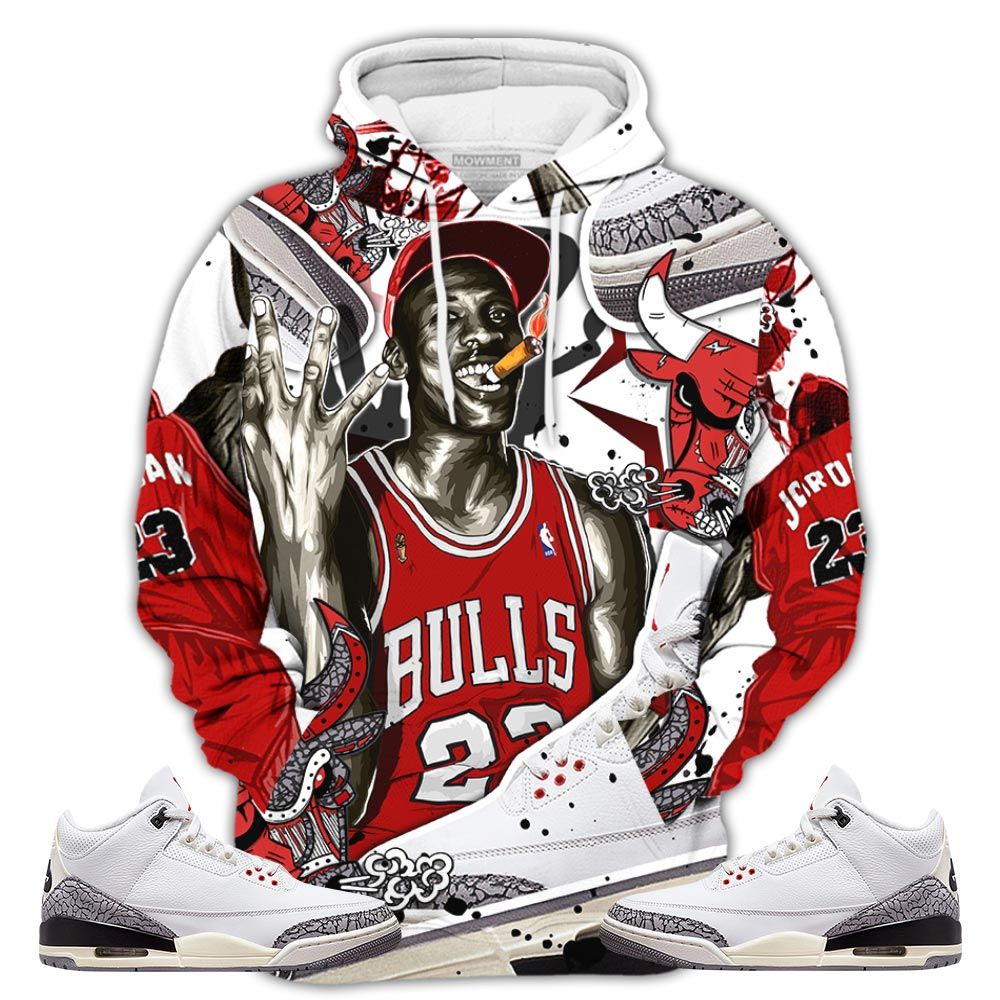Bull 23 Jordan Sneaker Shirt Match White Cement 3S, Jordan Retro 3 White Cement Hoodie Sweatshirt Tee All Over Print MKO Shirt