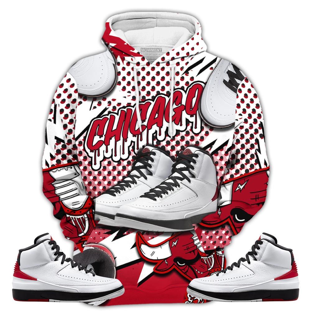 Bull Jordan Sneaker Shirt Match 2 Chicago Varsity Red, Jordan Retro 2 Chicago Hoodie Sweatshirt Tee All Over Print MKO Shirt