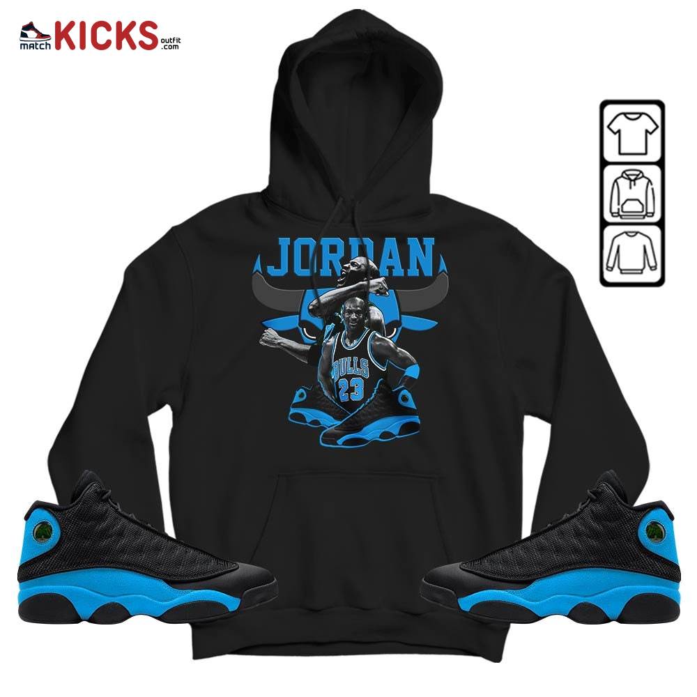 Bull Jordan Sneaker Shirt Match Black University Blue 13s, Jordan 13 Black University Blue 2022 MKO Hoodie