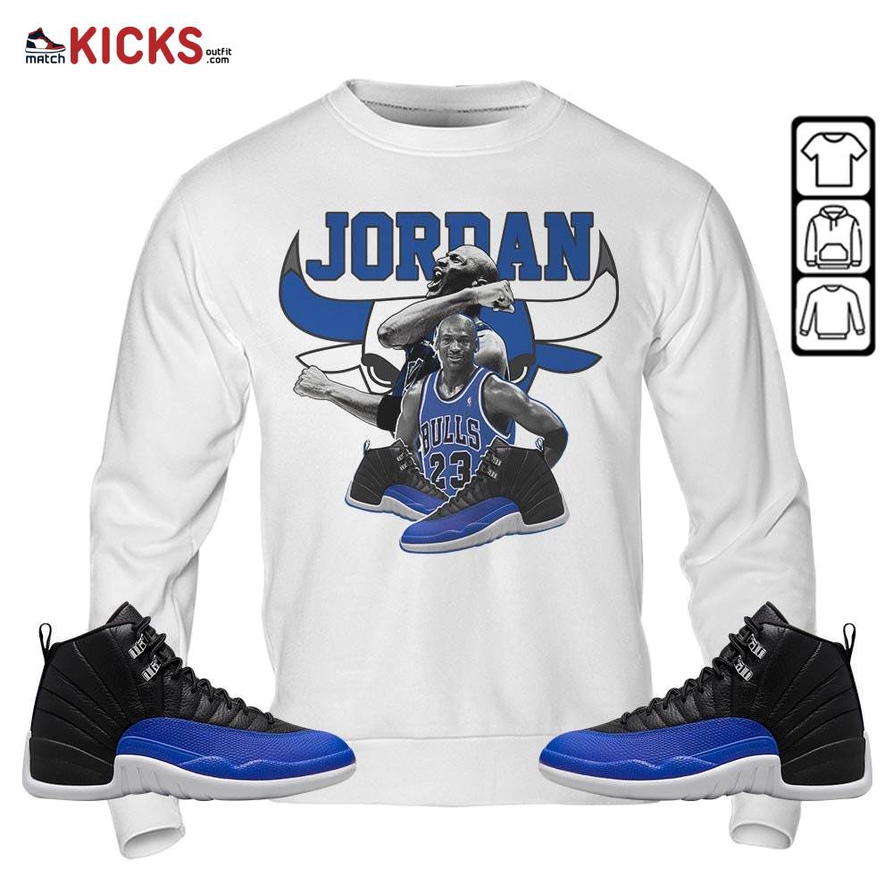 Bull Jordan Sneaker Shirt Match Hyper Royal 12s, Jordan 12 Hyper Royal MKO Sweatshirt