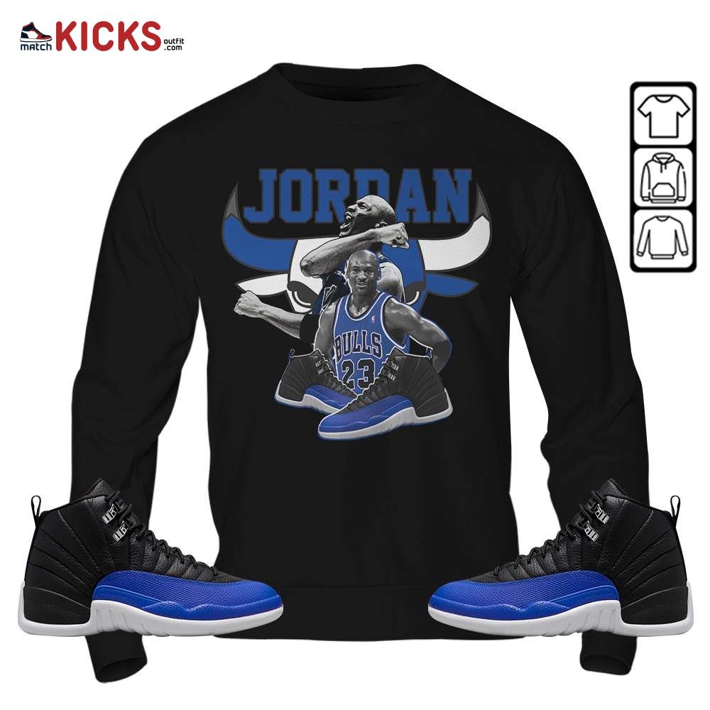 Bull Jordan Sneaker Shirt Match Hyper Royal 12s, Jordan 12 Hyper Royal MKO Sweatshirt