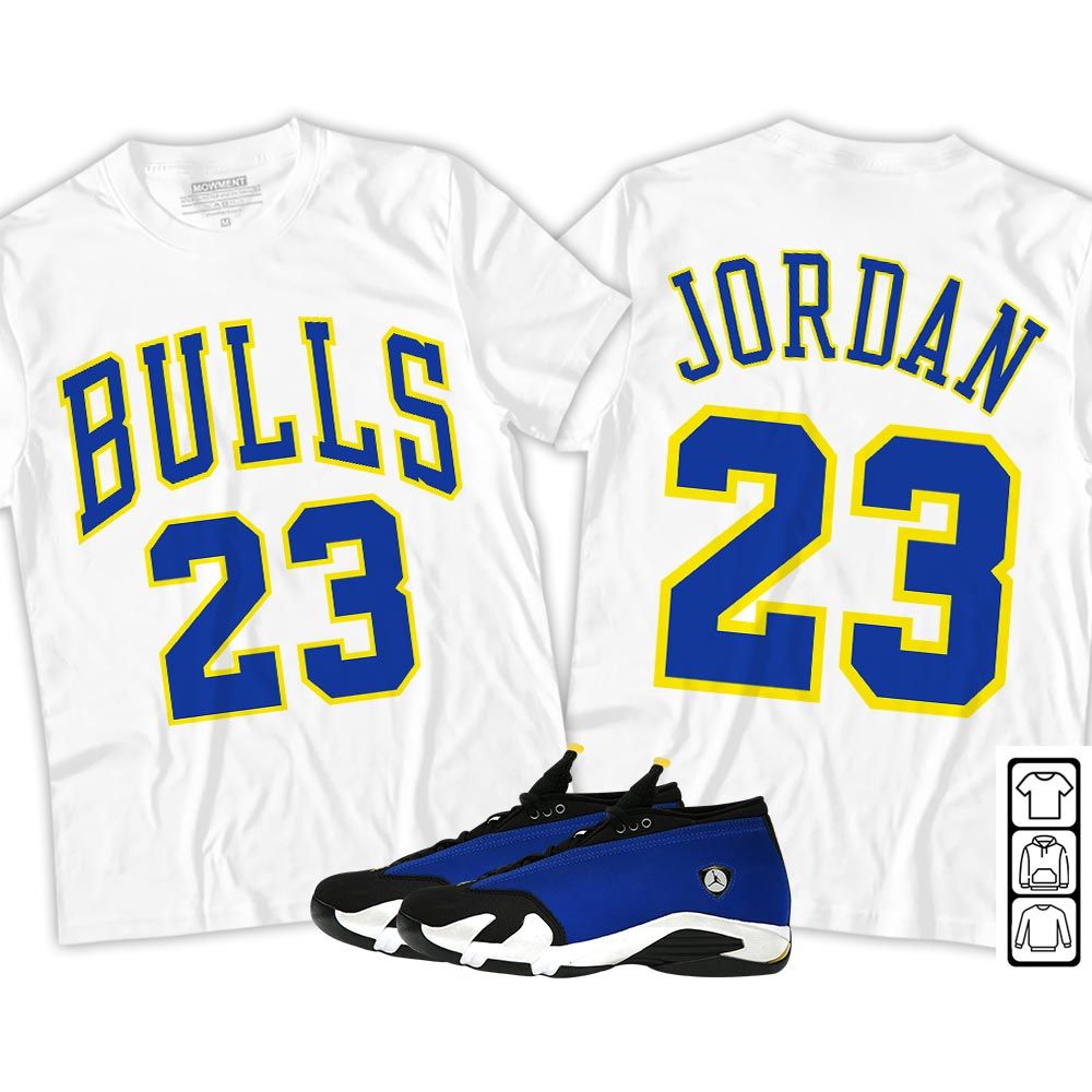 Bulls Number 23 Sneaker Shirt Match 2023 Blue Laney 14s, Jordan 14 Laney MKO T-Shirt