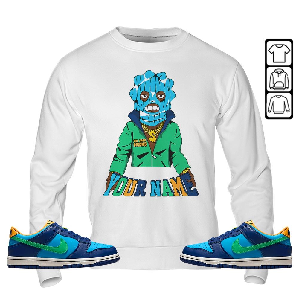 By Any Means Custom Sneaker Shirt Match Dunk Low GS Kyrie, Dunk Low GS Electric Algae MKO Sweatshirt
