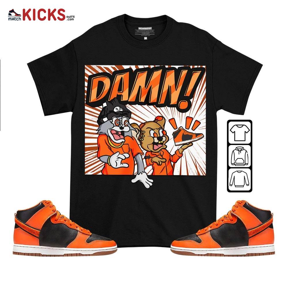 Cat And Mouse Damn Sneaker Shirt Match Dunk Black Orange, Dunk High GS Safety Orange MKO T-Shirt