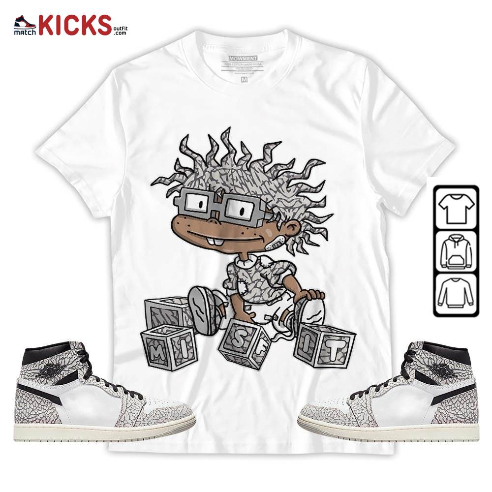 Chuckie Rugrats Misfit Sneaker Shirt Match OG Elephant 1s, Jordan 1 White Cement MKO Hoodie