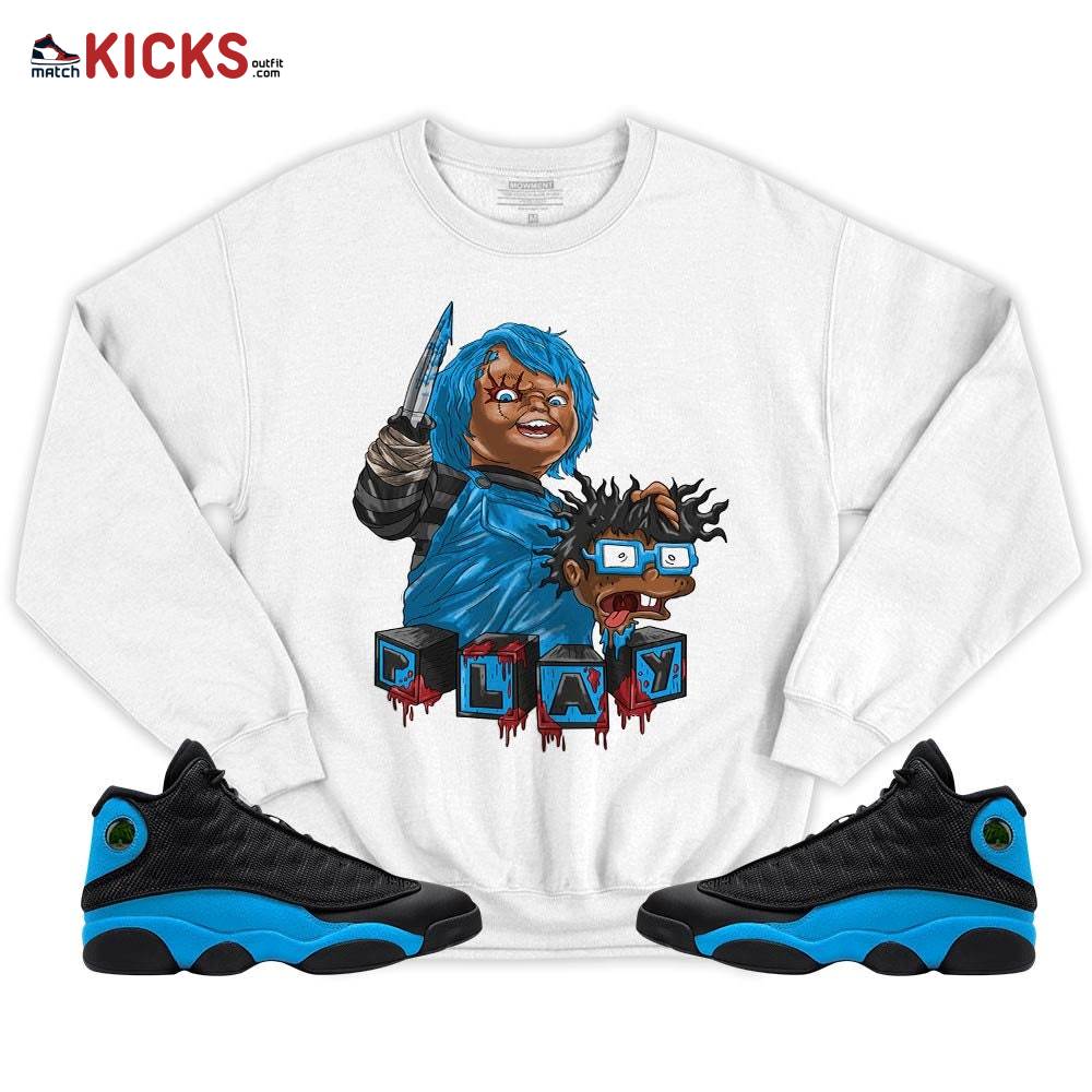 Chucky Chuckie Kills Sneaker Shirt Match Black University Blue 13s, Jordan 13 Black University Blue 2022 MKO T-Shirt Chucky Chuckie Kills Sneaker Shirt Match Black University Blue 13s, Jordan 13 Black University Blue 2022 MKO T-Shirt