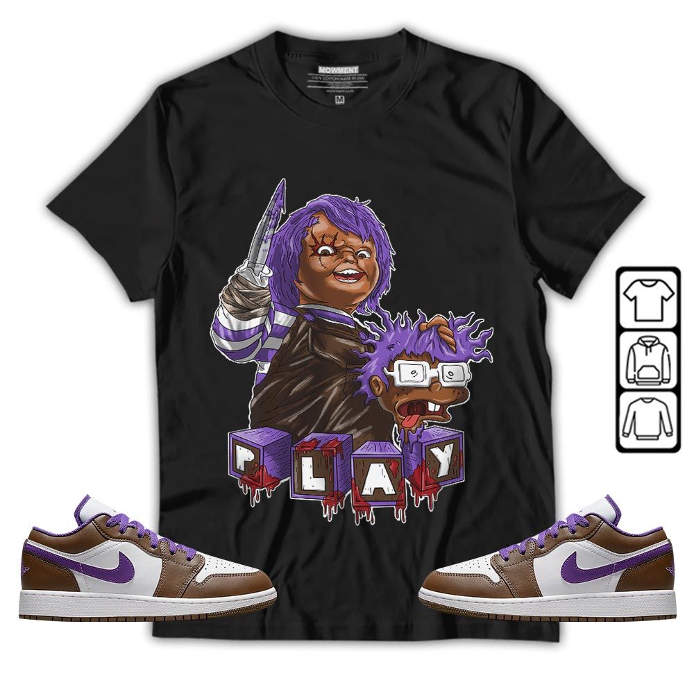 Chucky Kills Sneaker Shirt Match Purple Mocha 1s, Jordan 1 Low Purple Mocha MKO T-Shirt