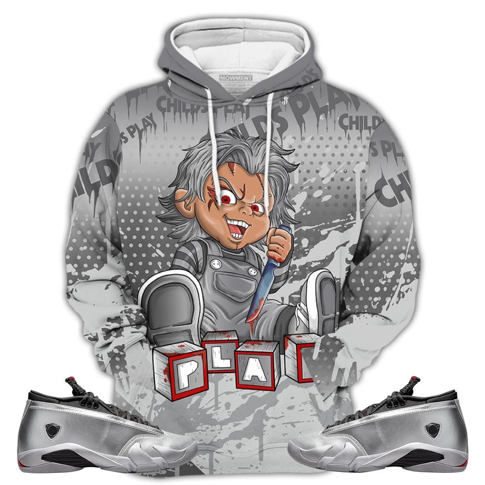 Chucky Play Horror Sneaker Shirt Match 14 Low Metallic Silver, Jordan 14 Metallic Silver Hoodie Sweatshirt Tee All Over Print MKO Shirt