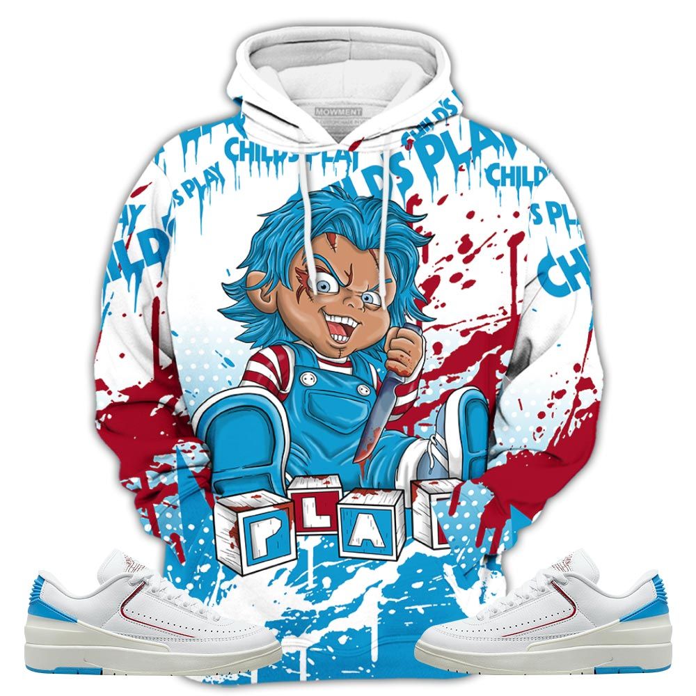 Chucky Play Horror Sneaker Shirt Match University To Chicago 2S, Jordan 2 Low Blue To Chicago Hoodie Sweatshirt Tee All Over Print MKO Shirt