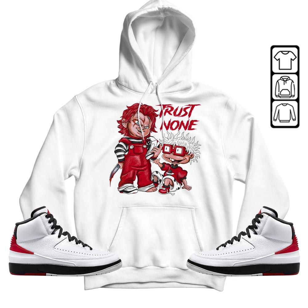 Chucky Trust No One Sneaker Shirt Match 2 Chicago Varsity Red, Jordan Retro 2 Chicago MKO T-Shirt