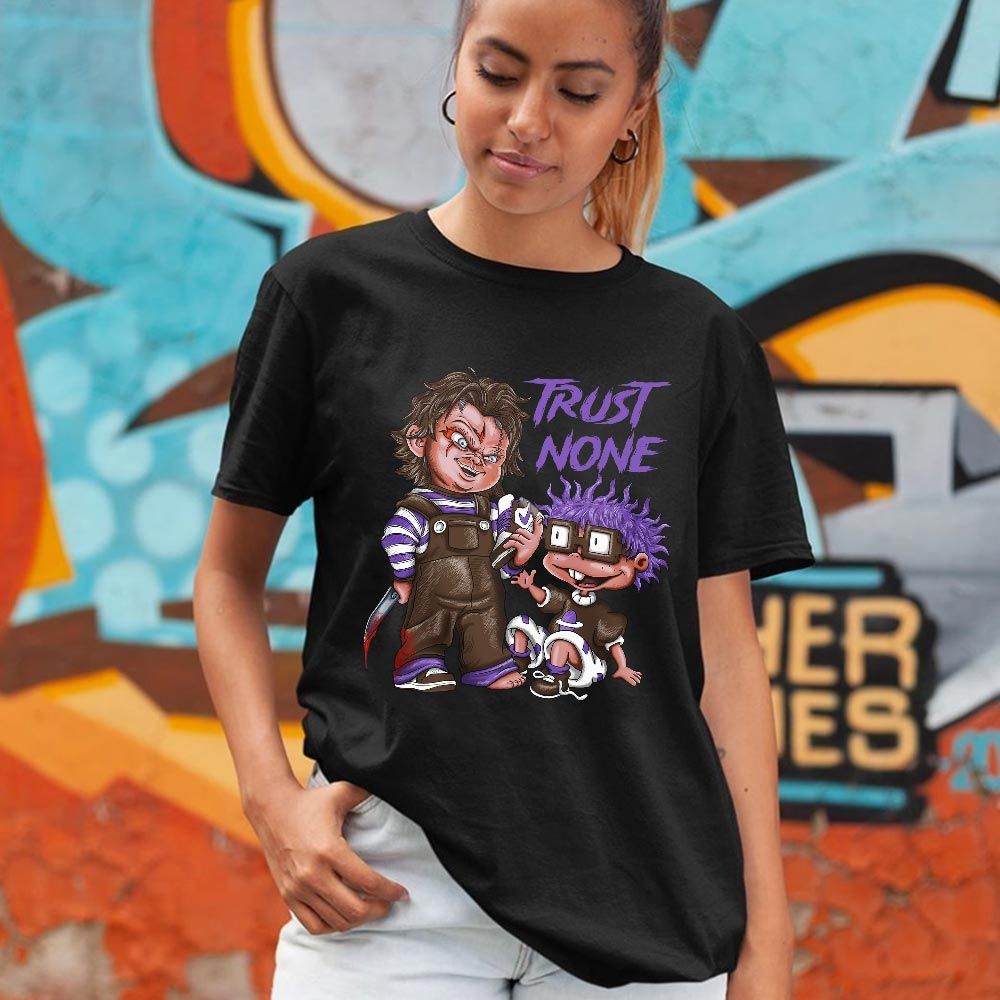 Chucky Trust No One Sneaker Shirt Match Purple Mocha 1s, Jordan 1 Low Purple Mocha MKO T-Shirt Chucky Trust No One Sneaker Shirt Match Purple Mocha 1s, Jordan 1 Low Purple Mocha MKO T-Shirt