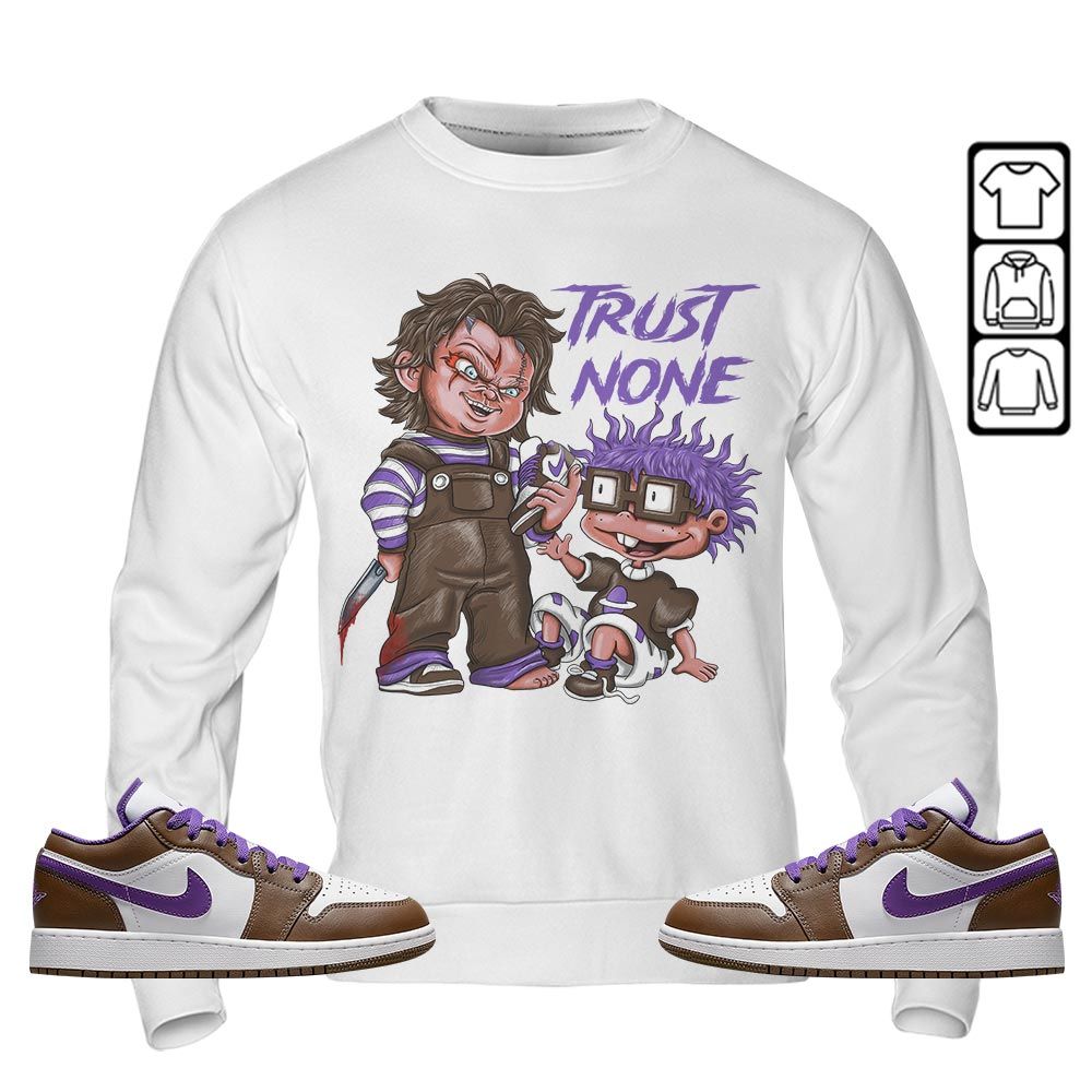 Chucky Trust No One Sneaker Shirt Match Purple Mocha 1s, Jordan 1 Low Purple Mocha MKO T-Shirt Chucky Trust No One Sneaker Shirt Match Purple Mocha 1s, Jordan 1 Low Purple Mocha MKO T-Shirt