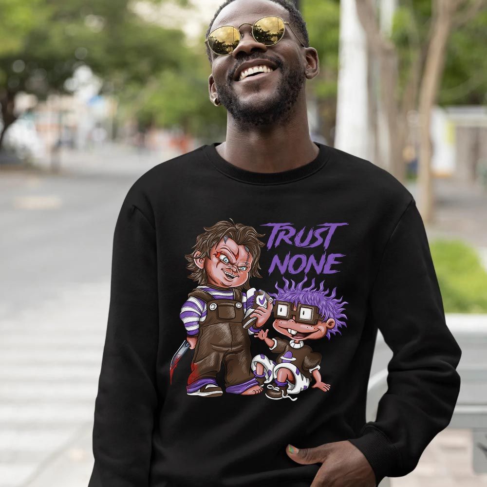 Chucky Trust No One Sneaker Shirt Match Purple Mocha 1s, Jordan 1 Low Purple Mocha MKO T-Shirt Chucky Trust No One Sneaker Shirt Match Purple Mocha 1s, Jordan 1 Low Purple Mocha MKO T-Shirt