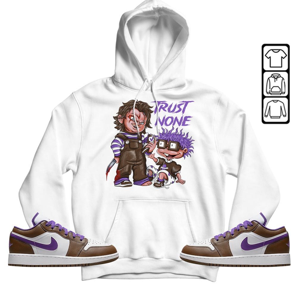 Chucky Trust No One Sneaker Shirt Match Purple Mocha 1s, Jordan 1 Low Purple Mocha MKO T-Shirt