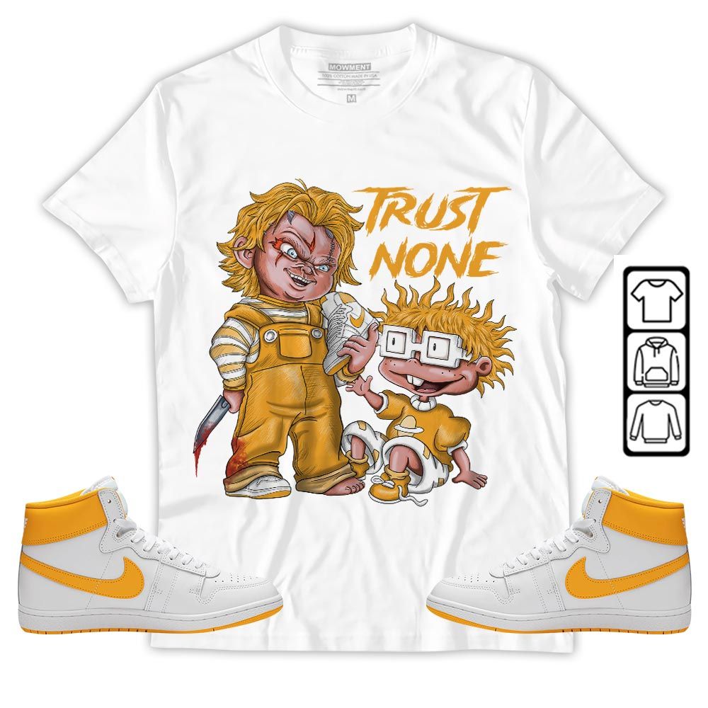 Chucky Trust No One Sneaker Shirt Match University Gold, Ship SP University Gold MKO T-Shirt Chucky Trust No One Sneaker Shirt Match University Gold, Ship SP University Gold MKO T-Shirt