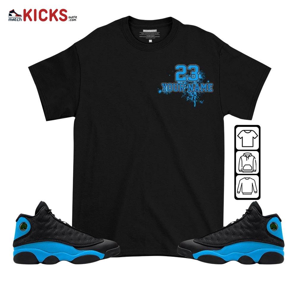 Custom 23 Jordan Sneaker Shirt Match Black University Blue 13s, Jordan 13 Black University Blue 2022 MKO T-Shirt