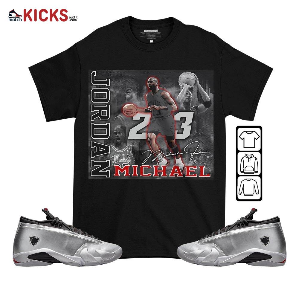 Custom 23JD Signature2 Sneaker Shirt Match 14 Low Metallic Silver, Jordan 14 Metallic Silver MKO T-Shirt
