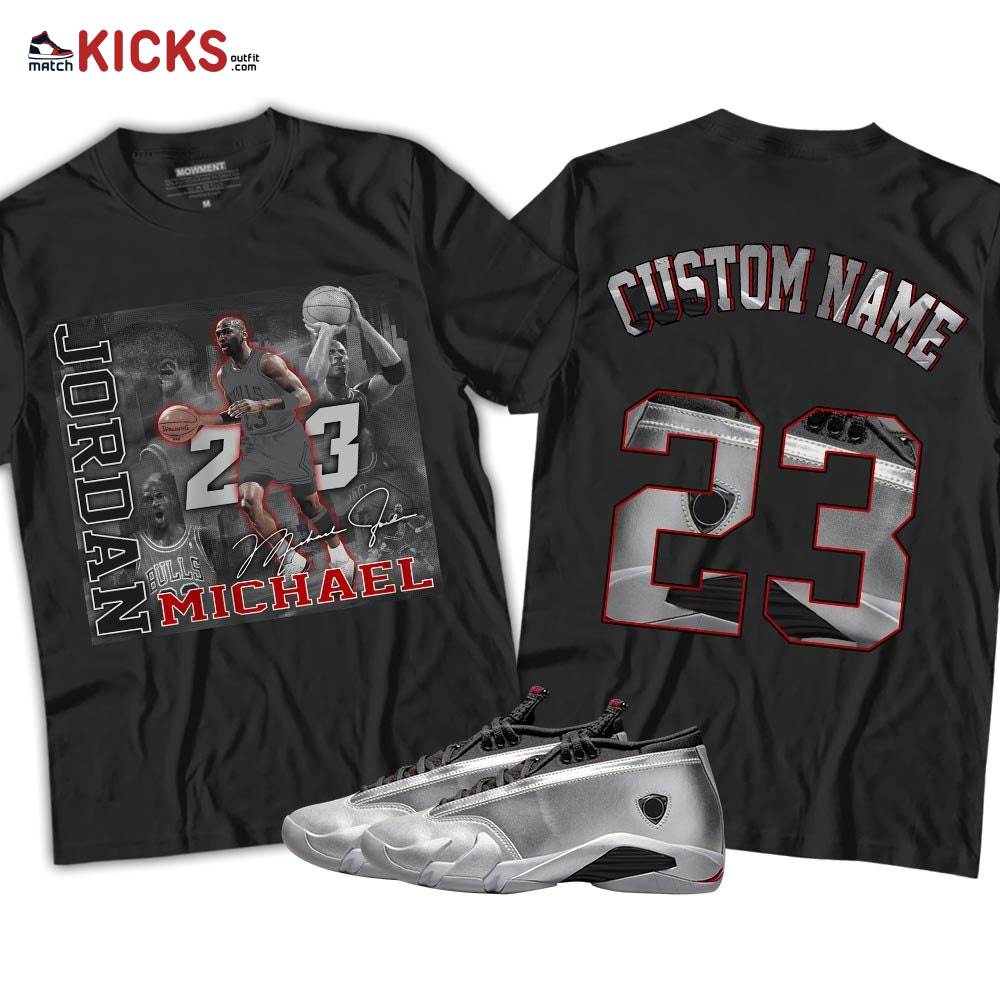Custom 23JD Signature2 Sneaker Shirt Match 14 Low Metallic Silver, Jordan 14 Metallic Silver MKO T-Shirt