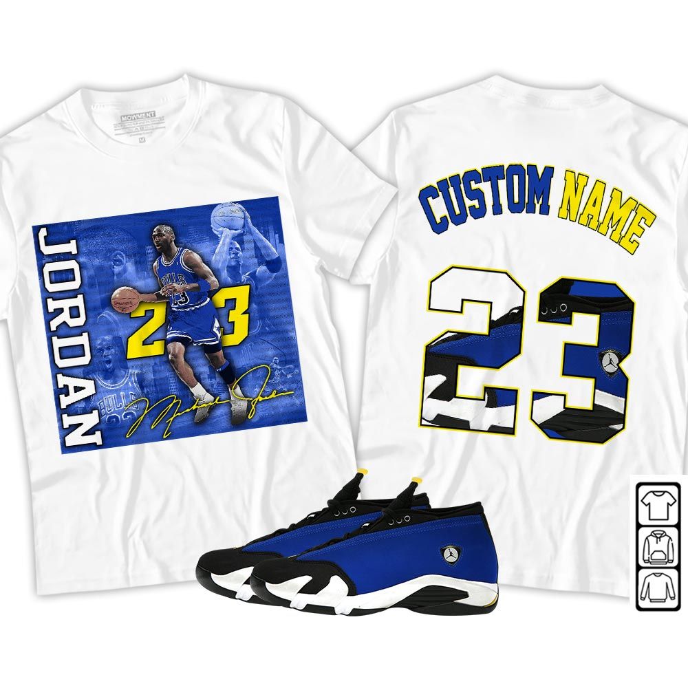 Custom 23JD Signature2 Sneaker Shirt Match 2023 Blue Laney 14s, Jordan 14 Laney MKO Sweatshirt