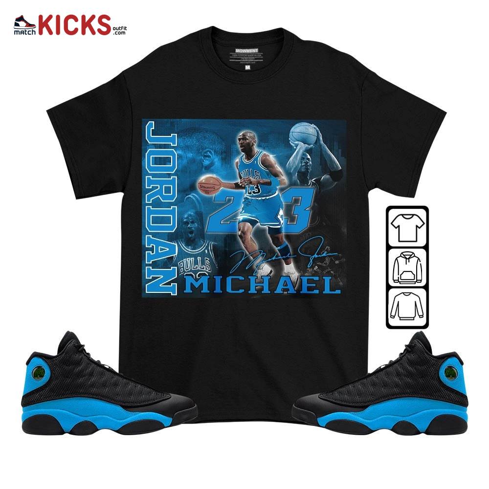 Custom 23JD Signature2 Sneaker Shirt Match Black University Blue 13s, Jordan 13 Black University Blue 2022 MKO T-Shirt