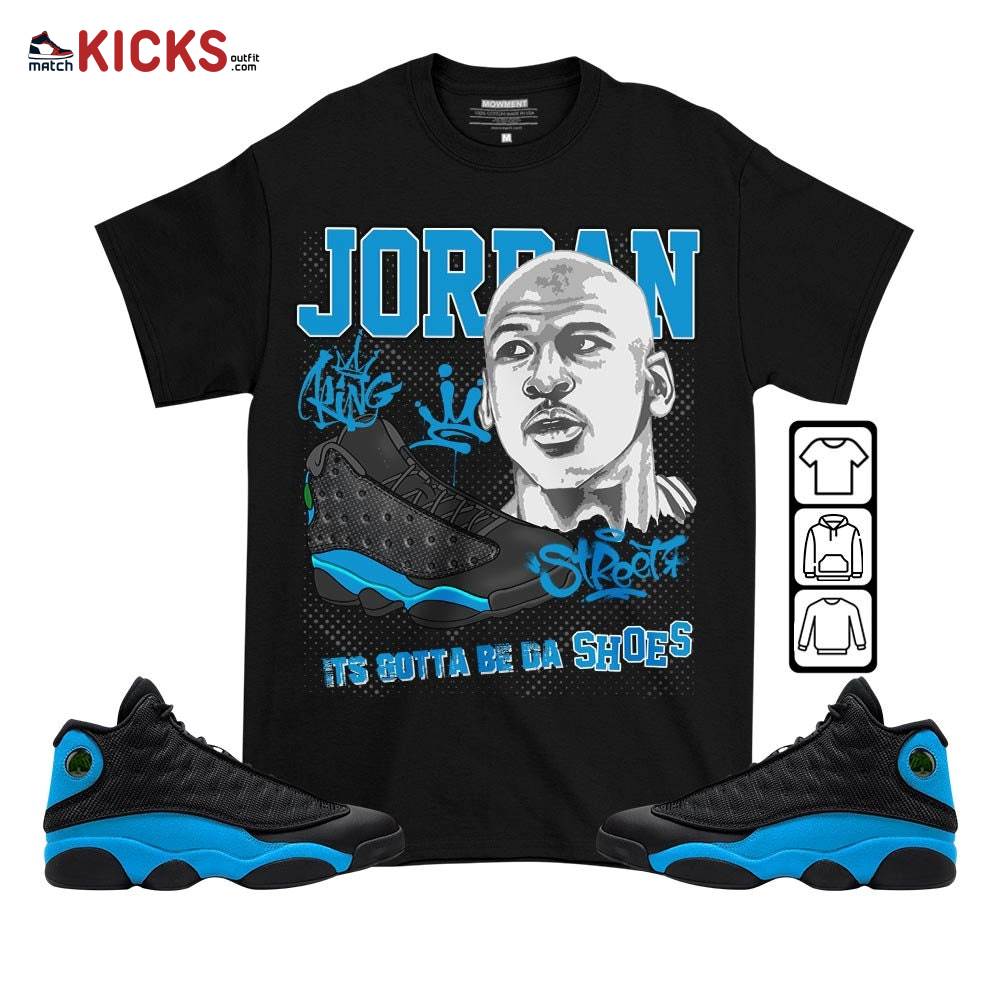 Custom Bulls 23 Sneaker Shirt Match Black University Blue 13s, Jordan 13 Black University Blue 2022 MKO T-Shirt