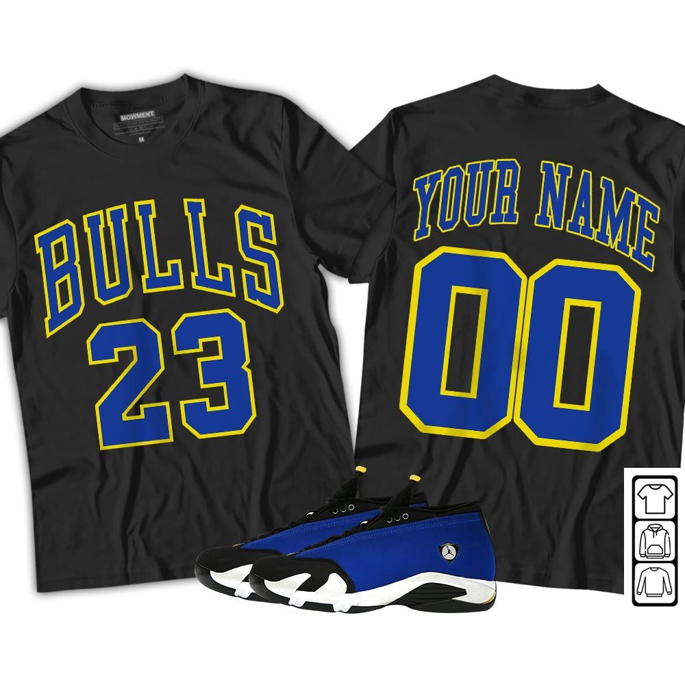 Custom Bulls Number 23 Sneaker Shirt Match 2023 Blue Laney 14s, Jordan 14 Laney MKO Sweatshirt