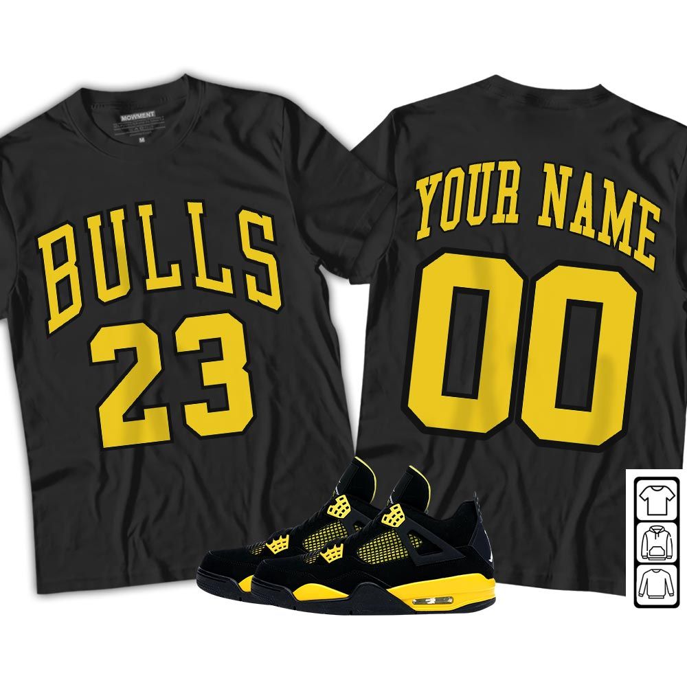 Custom Bulls Number 23 Sneaker Shirt Match 2023 Thunder 4s, Jordan Retro 4 Thunder MKO Sweatshirt