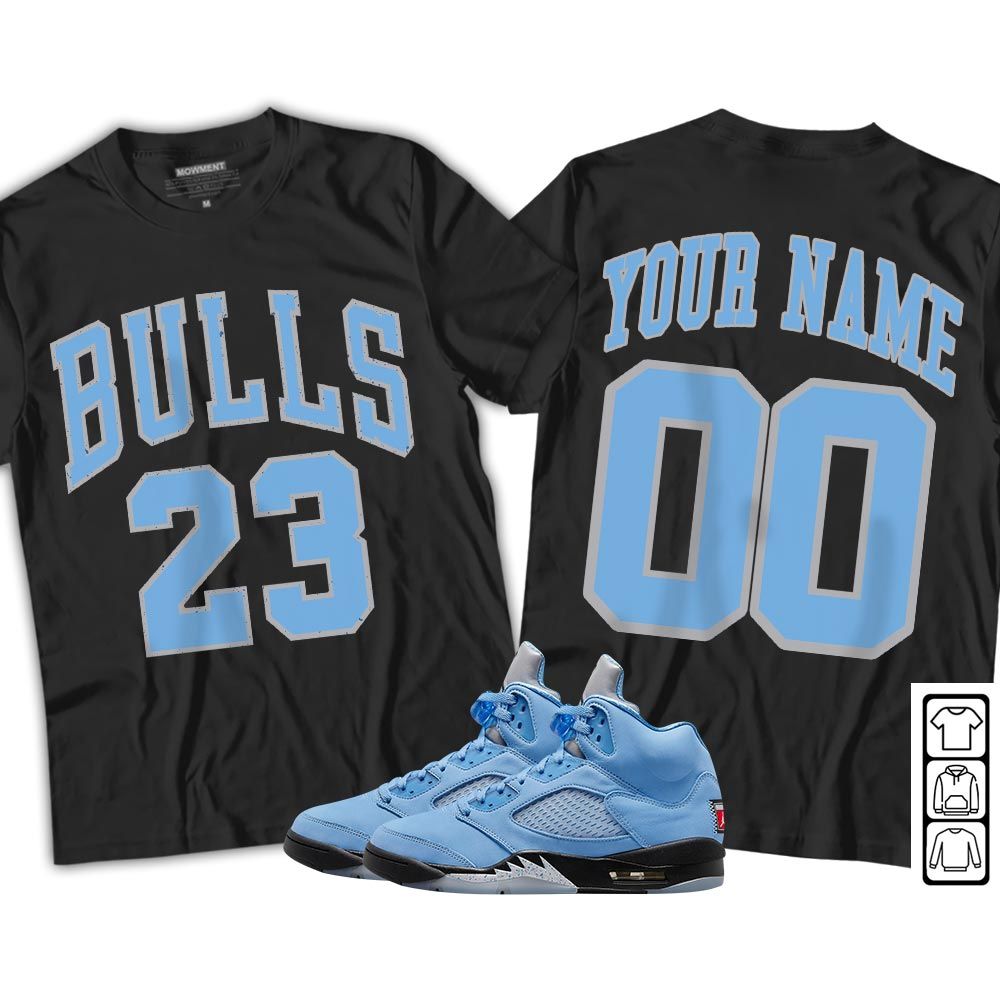 Custom Bulls Number 23 Sneaker Shirt Match Retro University Blue 5s, Jordan 5 University Blue MKO T-Shirt Custom Bulls Number 23 Sneaker Shirt Match Retro University Blue 5s, Jordan 5 University Blue MKO T-Shirt