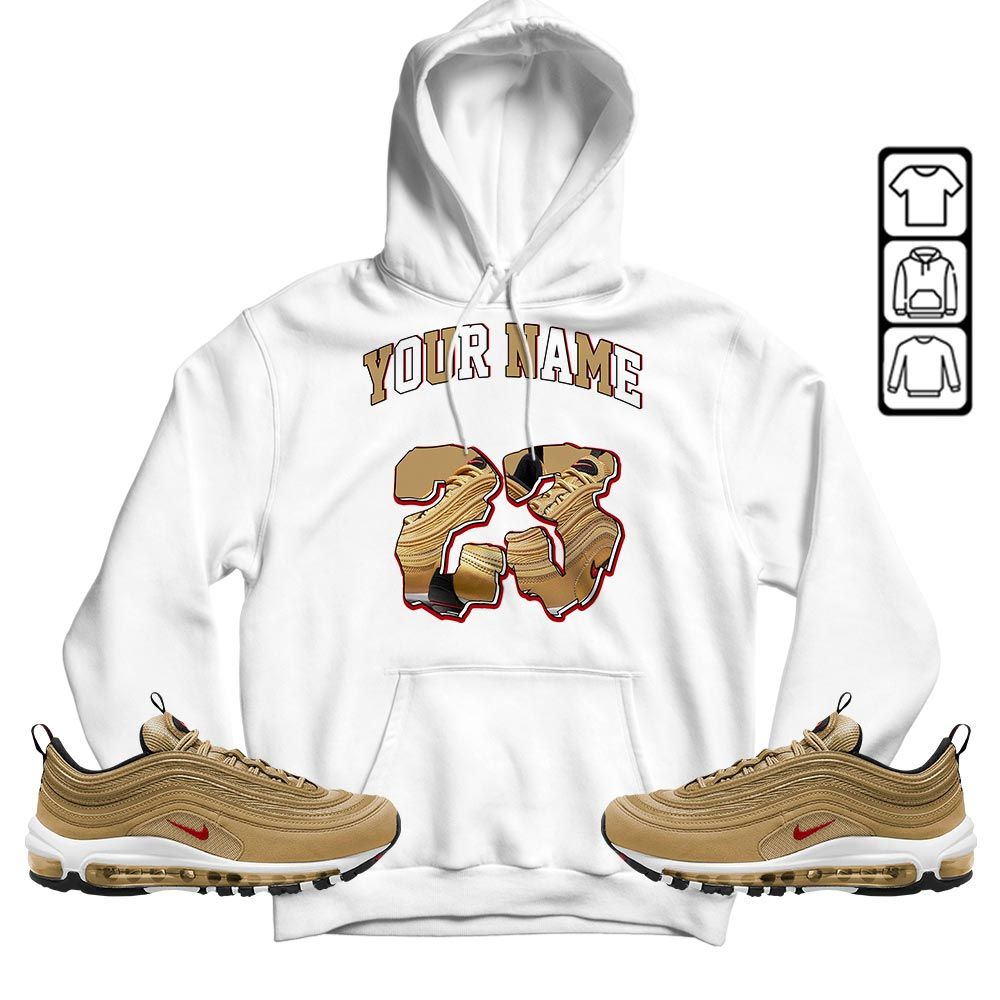 Custom Drip 23 Sneaker Shirt Match Air Max 97 Metallic Gold, Air Max 97 Gold Bullet MKO T-Shirt