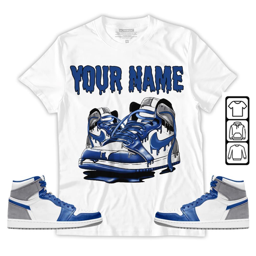 Custom Em Shoe Dripping Sneaker Shirt Match True Blue 1s, Jordan 1 High OG True Blue MKO T-Shirt Custom Em Shoe Dripping Sneaker Shirt Match True Blue 1s, Jordan 1 High OG True Blue MKO T-Shirt