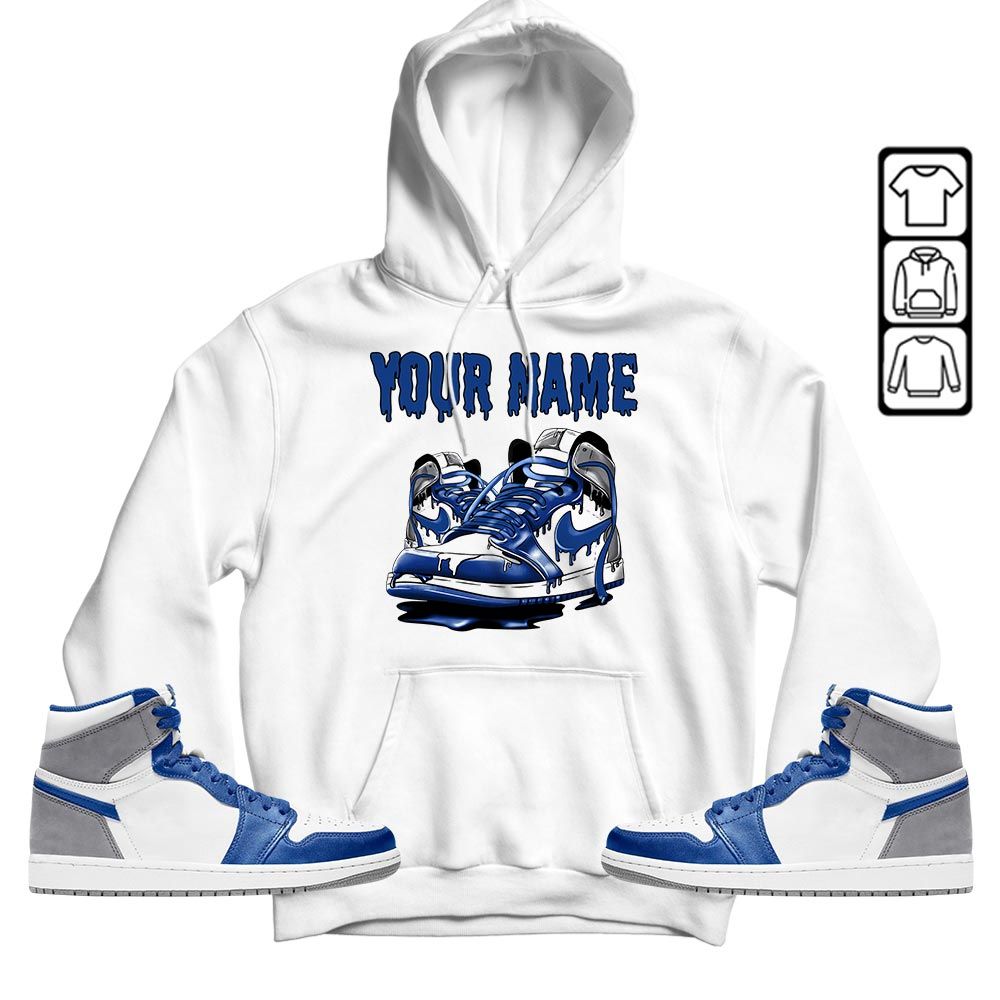 Custom Em Shoe Dripping Sneaker Shirt Match True Blue 1s, Jordan 1 High OG True Blue MKO T-Shirt