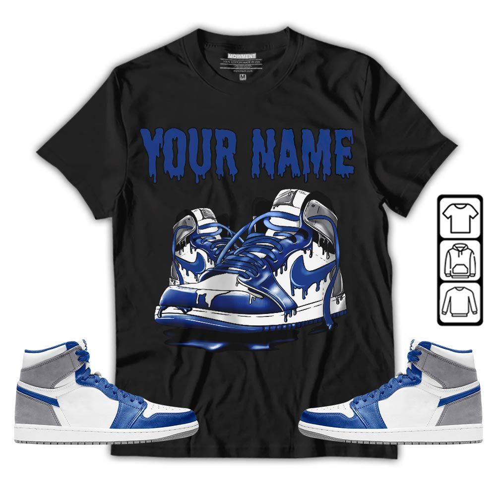 Custom Em Shoe Dripping Sneaker Shirt Match True Blue 1s, Jordan 1 High OG True Blue MKO T-Shirt